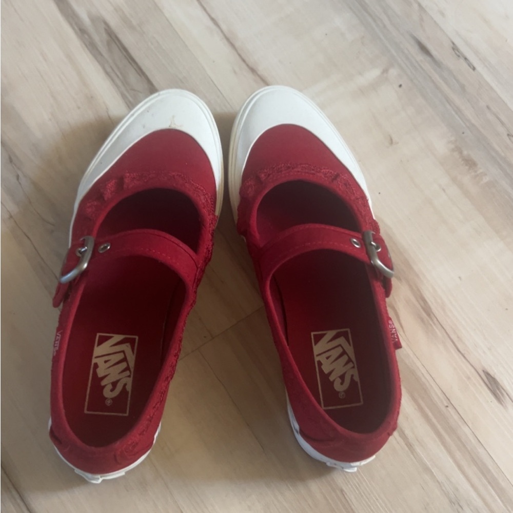 Red Mary Jane Vans With Lace Ruffles - Picture 2 of 3